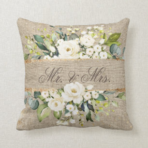 de heer & Mrs White Gold Botanical Floral Linen Ru Kussen