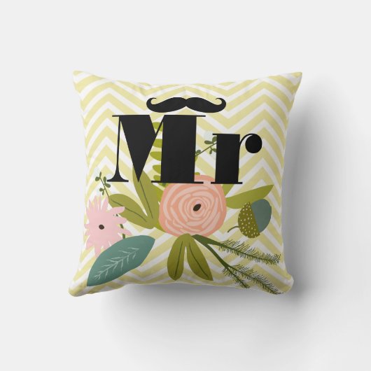 de heer Mustache Bleek Yellow White Blauwgroen Zig Kussen (Achterkant)