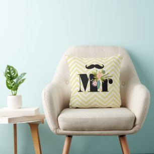de heer Mustache Bleek Yellow White Blauwgroen Zig Kussen