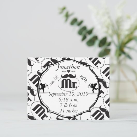 de heer Mustache Lil Man Baby Boy Stats Briefkaart (Staand voorkant)
