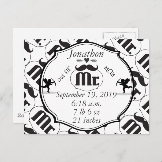 de heer Mustache Lil Man Baby Boy Stats Briefkaart (Voorkant / Achterkant)