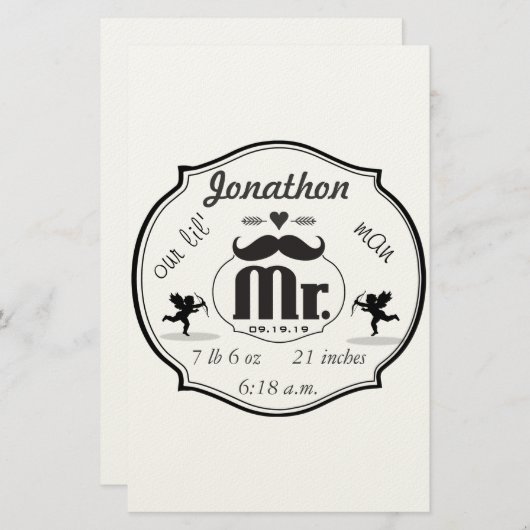 de heer Mustache Lil Man Baby Boy Stats Briefpapier (Voorkant / Achterkant)