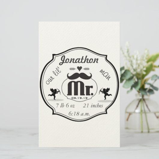 de heer Mustache Lil Man Baby Boy Stats Briefpapier (Staand voorkant)