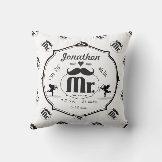 de heer Mustache Lil Man Baby Boy Stats Kussen (Achterkant)