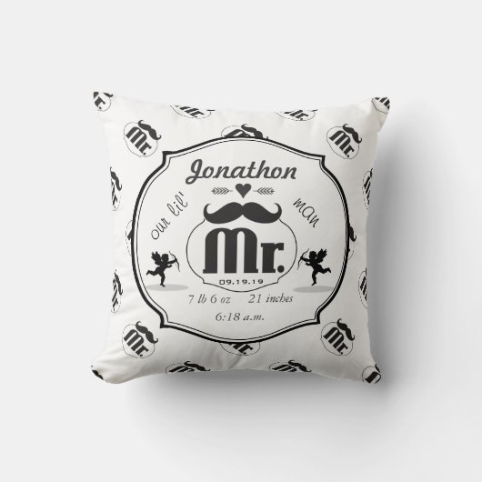 de heer Mustache Lil Man Baby Boy Stats Kussen (Voorkant)