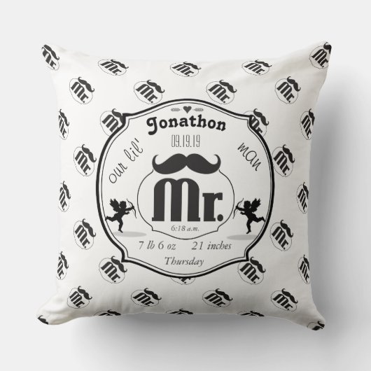 de heer Mustache Lil Man Baby Boy Stats Kussen (Voorkant)