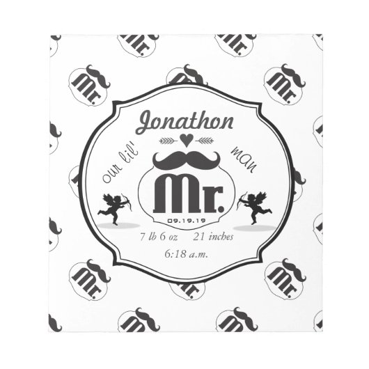 de heer Mustache Lil Man Baby Boy Stats Notitieblok (Voorkant)