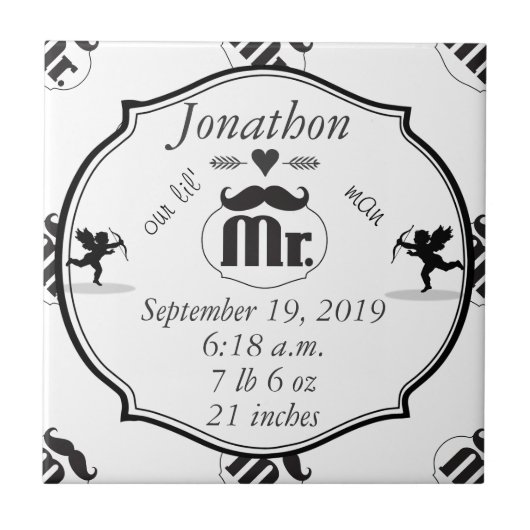 de heer Mustache Lil Man Baby Boy Stats Tegeltje (Voorkant)