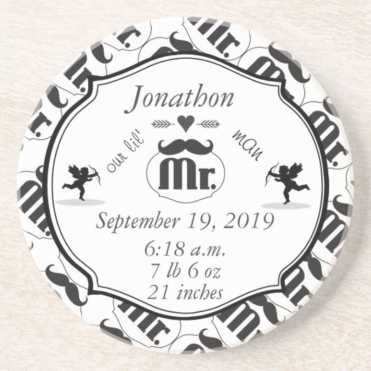 de heer Mustache Lil Man Baby Boy Stats Zandsteen Onderzetter (Voorkant)