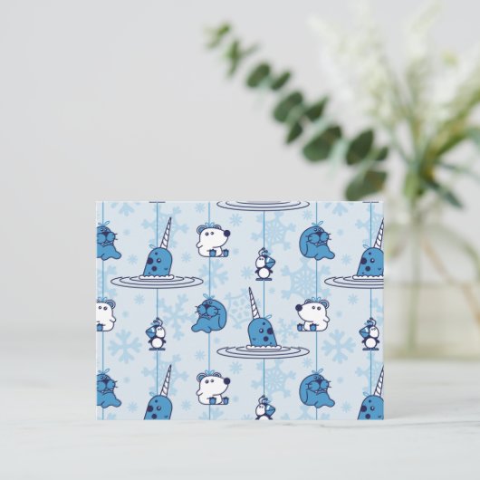 de heer Narwhal Blue Snowflake Pattern Briefkaart (Staand voorkant)