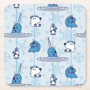 de heer Narwhal Blue Snowflake Pattern Kartonnen Onderzetters