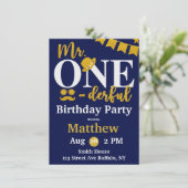 De heer One-derful Navy and Gold Birthday Party In Kaart (Staand voorkant)