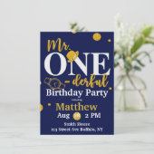 De heer One-derful Navy and Gold Birthday Party In Kaart (Staand voorkant)