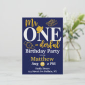 De heer One-derful Navy and Gold Birthday Party In Kaart (Staand voorkant)
