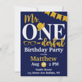 De heer One-derful Navy and Gold Birthday Party Kaart (Voorkant)