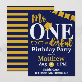 De heer One-derful Navy and Gold Birthday Party Kaart