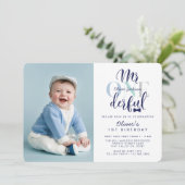 De heer One derful Navy & Blue 1st Birthday Foto Kaart (Staand voorkant)