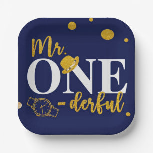 de heer One-derful Navy Blue and Gold Birthday Par Papieren Bordje