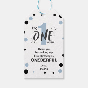 De heer Onederful Birthday Favor Tags Boy Baby Blu Cadeaulabel