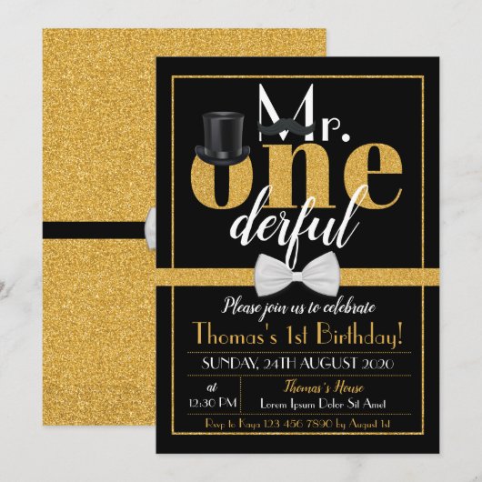 De heer Onederful Birthday Invitation Black & Gold Kaart (Voorkant / Achterkant)