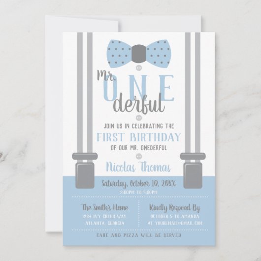 de heer ONEderful Birthday Invitation, Blue, Grey Kaart (Voorkant)