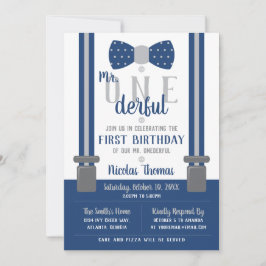 de heer ONEderful Birthday Invitation, Blue, Grey Kaart