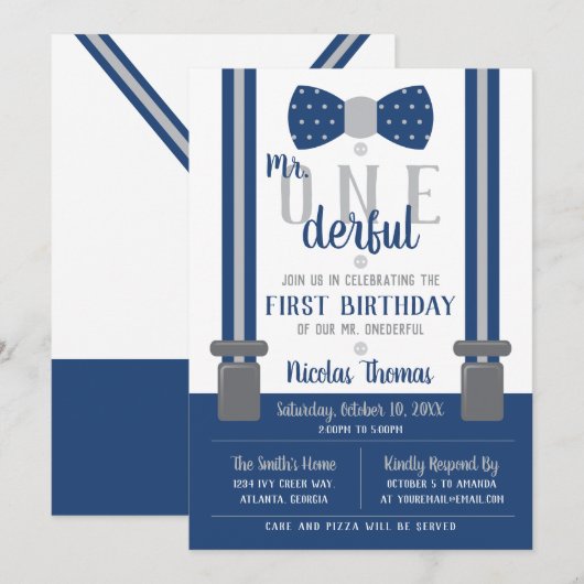 de heer ONEderful Birthday Invitation, Blue, Grey Kaart (Voorkant / Achterkant)
