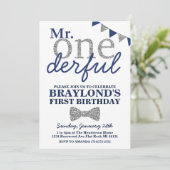 de heer Onederful Birthday Invitation, Blue & Silv Kaart (Staand voorkant)