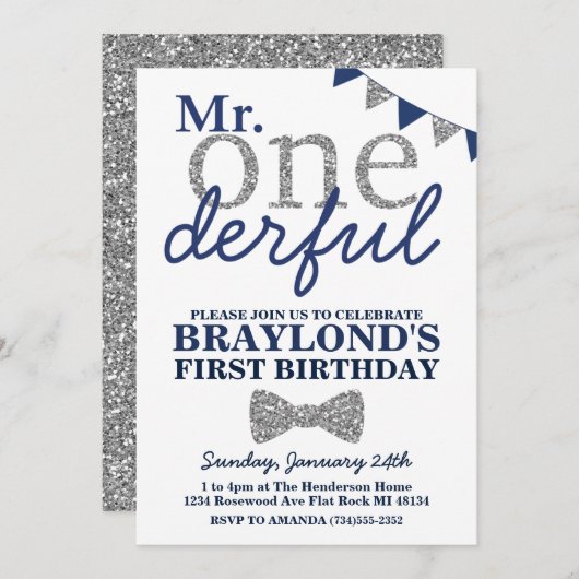 de heer Onederful Birthday Invitation, Blue & Silv Kaart (Voorkant / Achterkant)
