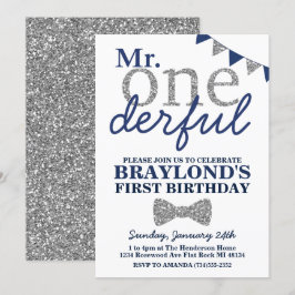 de heer Onederful Birthday Invitation, Blue & Silv Kaart