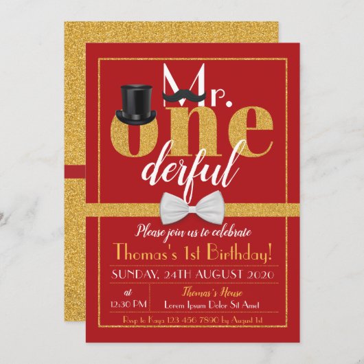 De heer Onederful Birthday Invitation Red & Gold Kaart (Voorkant / Achterkant)