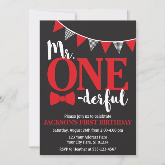 de heer ONEderful Birthday Invitation | Zwart-rood Kaart (Voorkant)