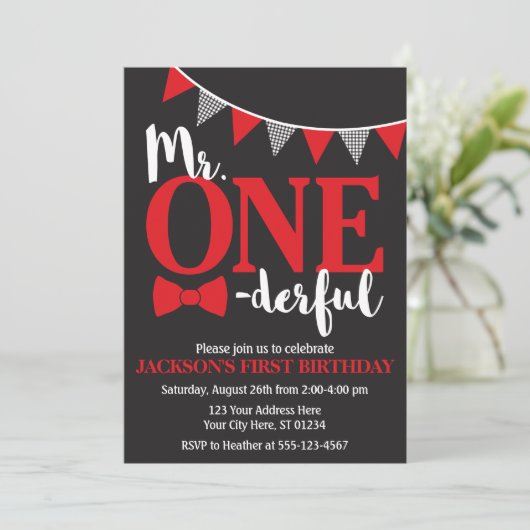 de heer ONEderful Birthday Invitation | Zwart-rood Kaart (Staand voorkant)