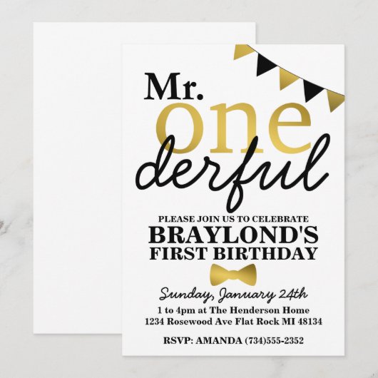 De heer Onederful Black en Gold Birthday Uitnodigi Kaart (Voorkant / Achterkant)