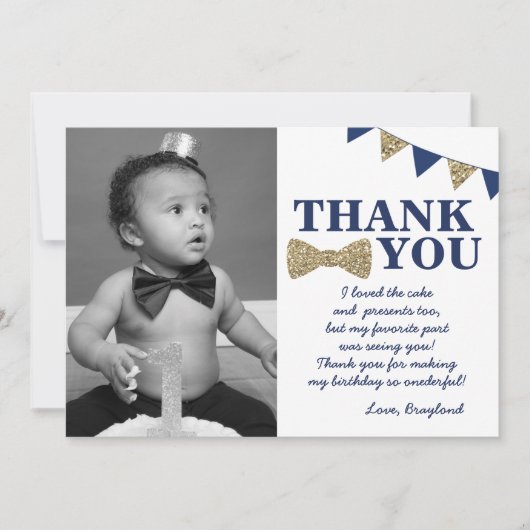 De heer Onederful Blue en Gold First Birthday Foto Bedankkaart (Voorkant)