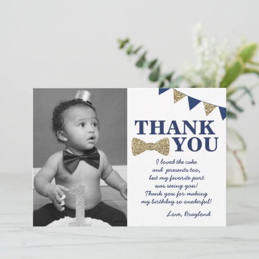 De heer Onederful Blue en Gold First Birthday Foto Bedankkaart (Staand voorkant)