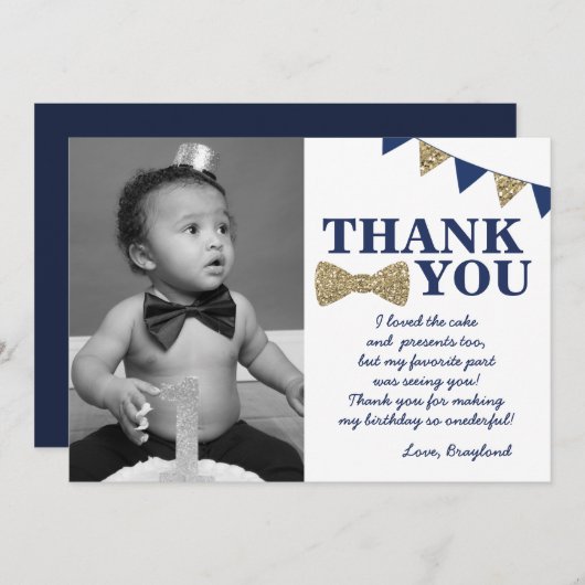 De heer Onederful Blue en Gold First Birthday Foto Bedankkaart (Voorkant / Achterkant)