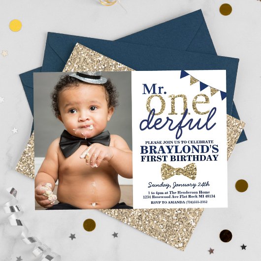 De heer Onederful Blue en Gold First Birthday Foto Kaart