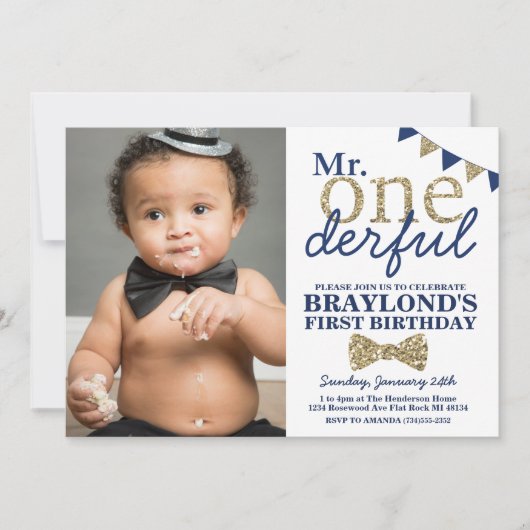 De heer Onederful Blue en Gold First Birthday Foto Kaart (Voorkant)