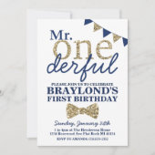De heer Onederful Blue en Gold First Birthday Invi Kaart (Voorkant)