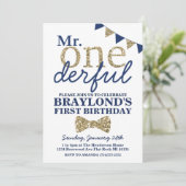 De heer Onederful Blue en Gold First Birthday Invi Kaart (Staand voorkant)