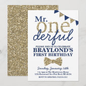 De heer Onederful Blue en Gold First Birthday Invi Kaart (Voorkant / Achterkant)