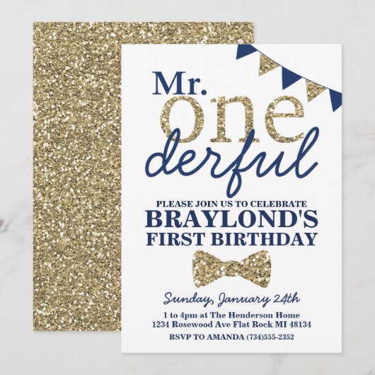 De heer Onederful Blue en Gold First Birthday Invi Kaart (Voorkant / Achterkant)