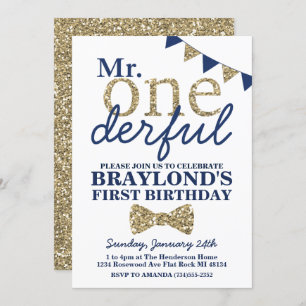 De heer Onederful Blue en Gold First Birthday Invi Kaart