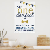 De heer Onederful Blue en Gold First Birthday Welc Poster (Keuken)