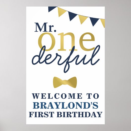 De heer Onederful Blue en Gold First Birthday Welc Poster (Voorkant)