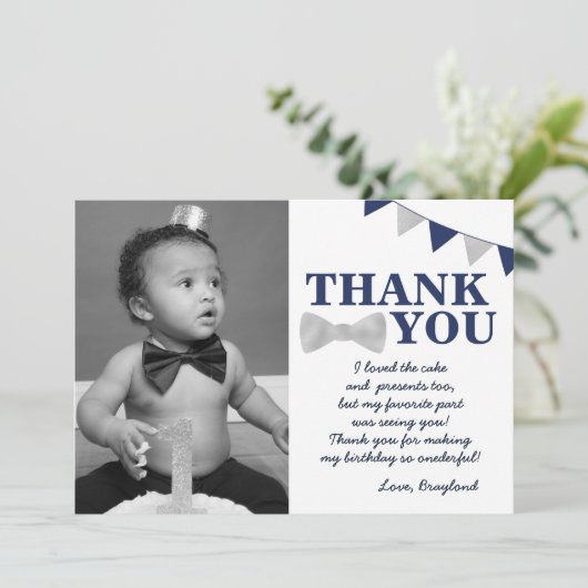 De heer Onederful Blue en Silver First Birthday Fo Bedankkaart (Staand voorkant)