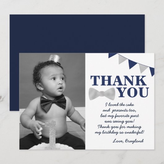 De heer Onederful Blue en Silver First Birthday Fo Bedankkaart (Voorkant / Achterkant)