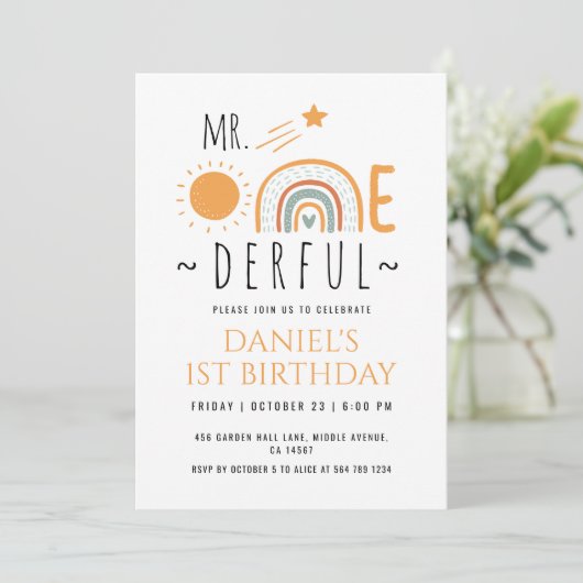 de heer Onederful Boho Rainbow First Birthday Boy Kaart (Staand voorkant)