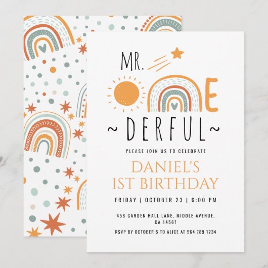 de heer Onederful Boho Rainbow First Birthday Boy Kaart (Voorkant / Achterkant)